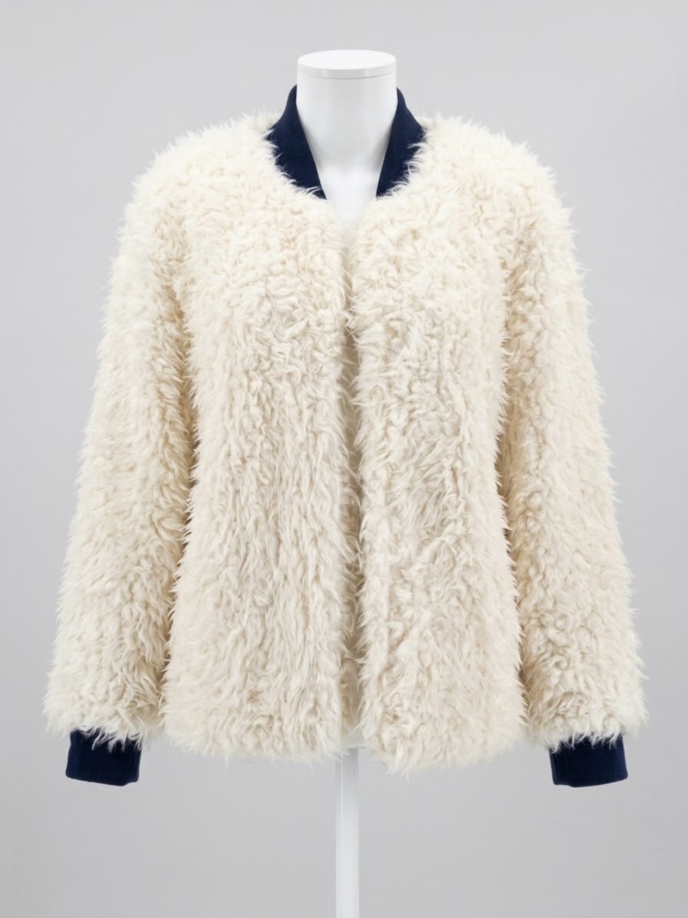 SOCIALITE Cream Shaggy Faux Fur Jacket Navy Ribbed Trim Sz L Party Y2K Cozy Fall